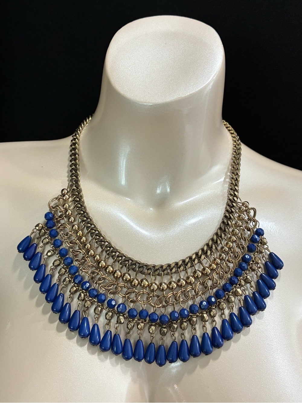 Statement Gold-Tone Necklace with Royal Blue Beads - Women Jewelry
